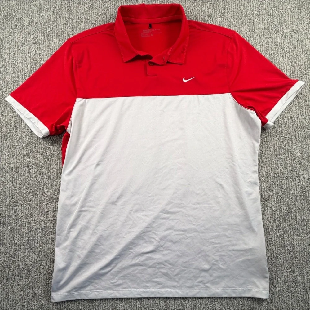 Nike Golf Polo Mens Large Red White Colorblock Dri-FIT Standard Fit 725527-657